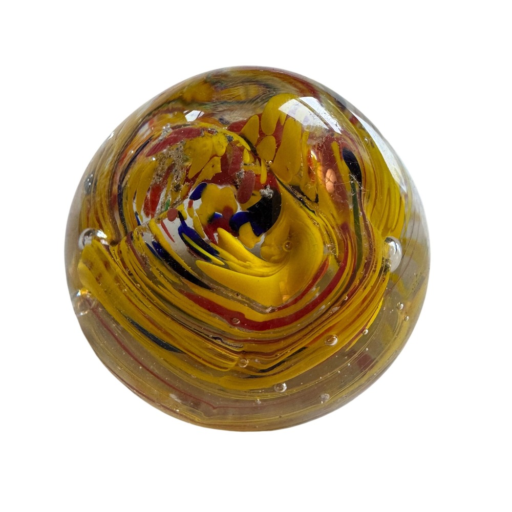 Vintage Murano Glass Paperweight Yellow Red Black Swirl Mod Art Glass Handblown
